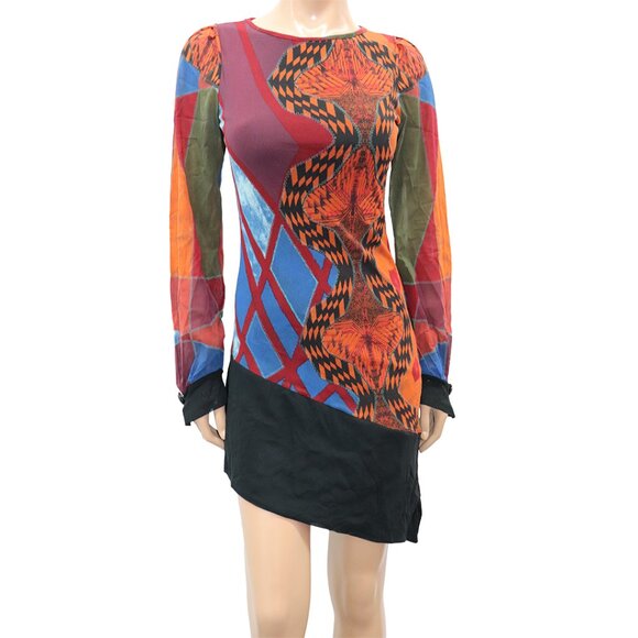 RARE Save The Queen Multicolor Vibrant Abstract Mesh Long Sleeve Dress M/L - Picture 2 of 5